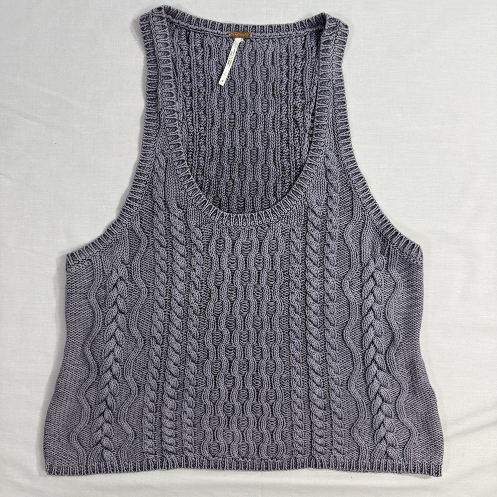 Free People Sz M High Tide Cable Knit Sweater Tank Purple Grayish 100% Cotton